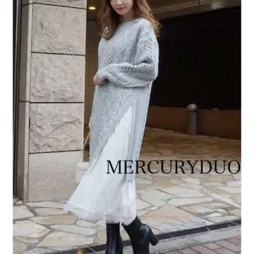 머큐리 듀오 레이스 레이어드 니트 원피스 그레이 고급 페미닌