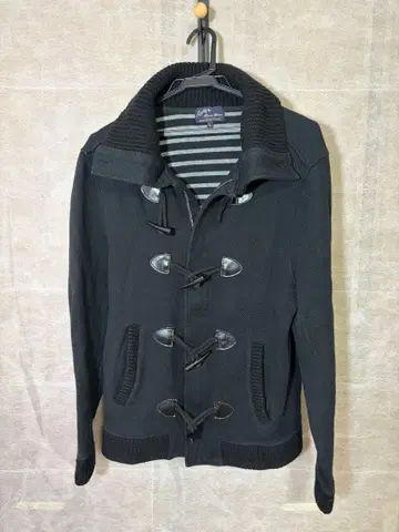 남성용 L 사이즈 블랙 더플 코트 스트라이프 안쪽