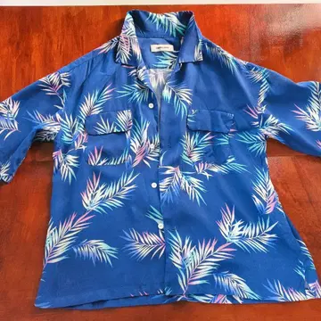 monkey time 반팔 하와이안 셔츠 파랑 잎 패턴
