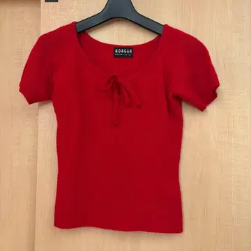 빨간색 리본 포함 반팔 니트 캐시미어 100%