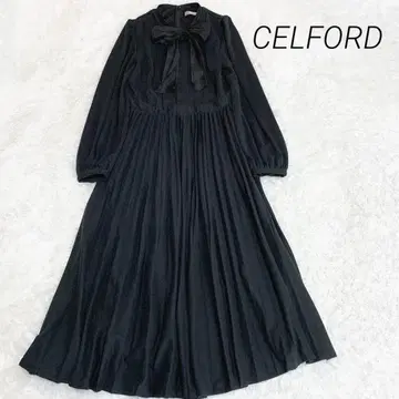 셀포드 롱 원피스 보타이 라메 플리츠 플레어 블랙
