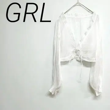 GRL 화이트 시스루 가디건 M 비침 경량 봄/여름 리본 소매 프릴