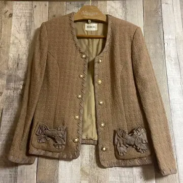 INGEBORG 노카라 자켓 트위드 펄 버튼 리본