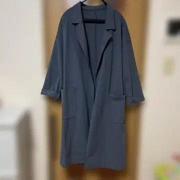 블루 롱 코트 허리 리본 포함