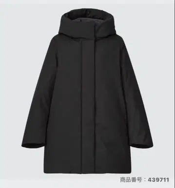 유니클로 하이브리드 숏 다운 코트 후드 부착 A라인 다운 블랙 L