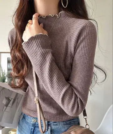 classicalelf 배색 멜로우 리브 니트탑 브라운 라벤더