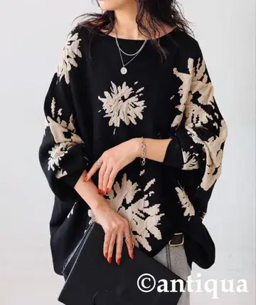 [ 미사용 새상품 ] antiqua 안티카 꽃무늬 돌먼 니트 블랙