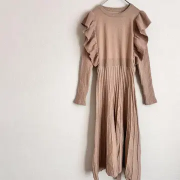 니트 원피스 롱 프릴 소매 A 라인 플리츠 슬림 롱 레그 베이지