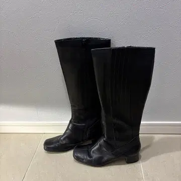 블랙 가죽 롱 부츠 중간 힐