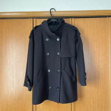 울 혼방 더블 브레스트 피 코트 블랙