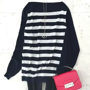 새상품급 드로어 캐시미어 18G 게이지 보트넥 니트 2 네이비 x 화이트