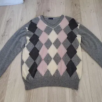 MACCHIO 캐시미어 100% 다이아몬드 패턴 브이넥 스웨터 M