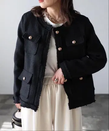 ap retro 트위드 포켓 노카라 자켓