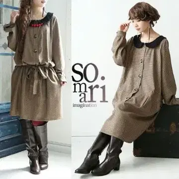 somari imagination 체크 무늬 옷깃 원피스 벨트 포함