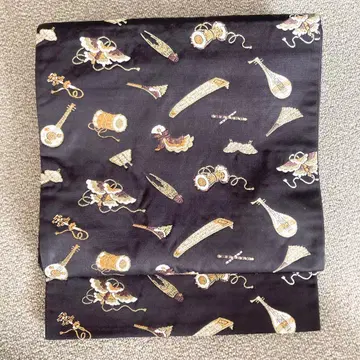 [순수 실크] 육통 후쿠로 오비 일본 전통 악기 패턴 자수