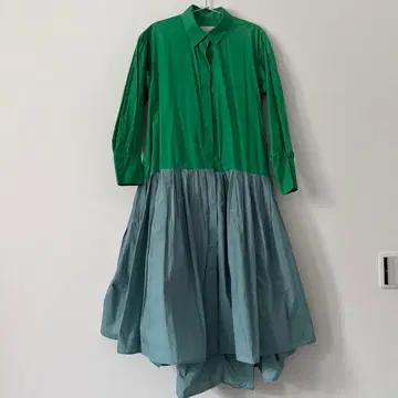 마이렌 바이컬러 그린 파랑 이색 절개 셔츠 원피스
