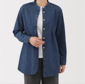무인양품 워싱 데님 스탠드 카라 긴팔 롱 셔츠 블루 L
