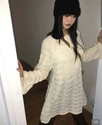 NUGU 리본 스트랩 웨이브 니트 원피스