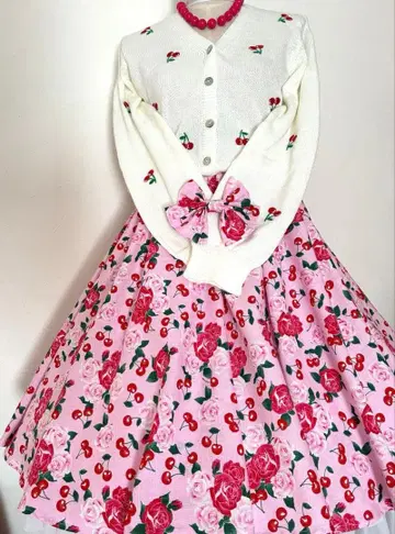 꽃무늬 핑크 올디스 로큰롤 50년대 스커트 레트로 표범 무늬 장미 체리