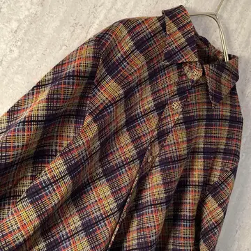 빈티지 블라우스 체크 올 패턴 쇼와 레트로 걸리시 브라운