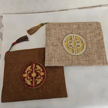 보물 파우치 자수 장식 린넨풍 파우치 2개 세트