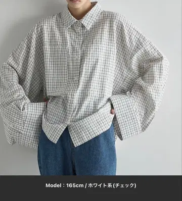 슈퍼 와이드 슬리브 박스 셔츠 화이트 체크 무늬 셔츠 프리 사이즈