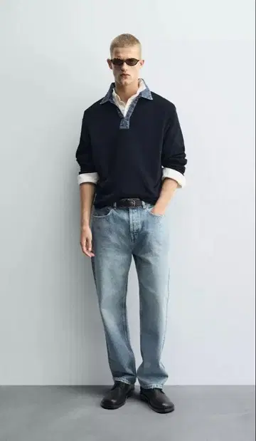 [ 완판템 ] ZARA 데님 콤비 옷깃 니트 피케 셔츠 M 사이즈