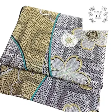 화 후쿠로 오비 후리소데 꽃무늬 은색 베이스