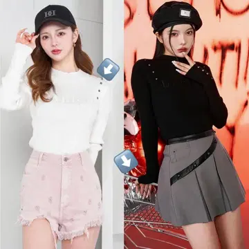 다리치 그래픽 스터드 니트 아지메 허리 플리츠 미니 스커트