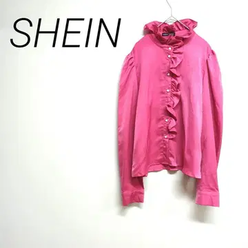 SHEIN 프릴 포함 핑크 긴팔 셔츠 앞면 버튼 옷깃 프릴 L 캐주얼