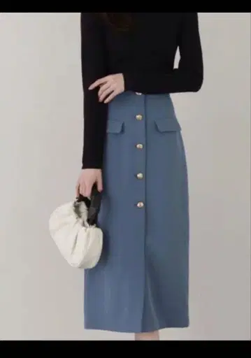 프로포션 바디 드레싱 블루 타이트 스커트 버튼 포함