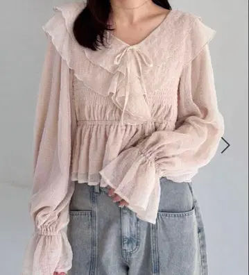 Heather 시어 체크 프릴 블라우스 핑크