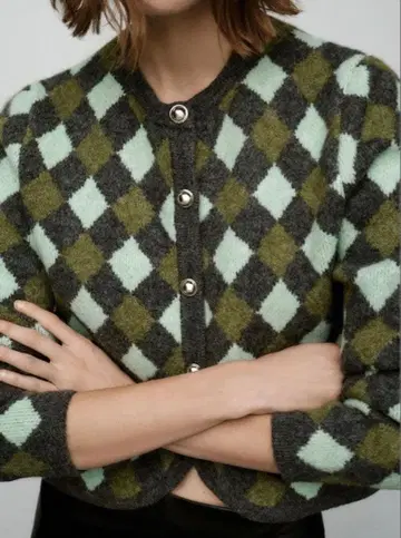 ZARA 아가일 니트 가디건 다이아몬드 패턴 크루넥 자카드