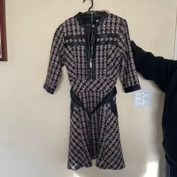 트위드 패턴 반팔 드레스 허리 벨트 포함