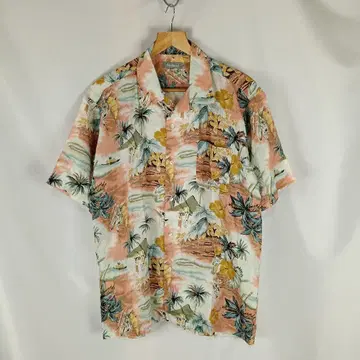 douxbLENd 하와이안 셔츠 레이온 하이비스커스 야자수 B4261