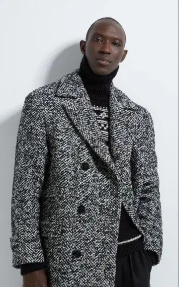 ZARA 울 혼방 블랙 화이트 트위드 더블 브레스트 체스터 코트 S-M