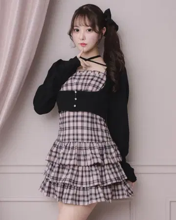 pium 비쥬 가디건 x 체크 원피스 세트 블랙 핑크 완판템