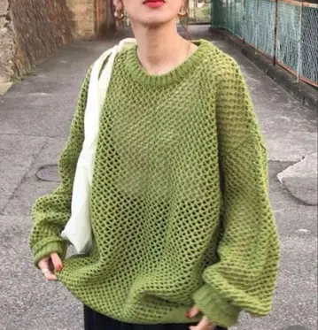 NUGU 피스타치오 그린 메쉬 니트 스웨터 긴팔
