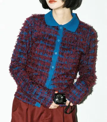 kbf 트위드 프린지 니트 블루