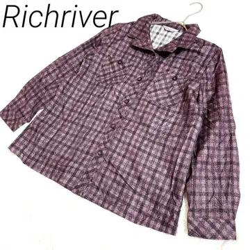 Richriver 보라색과 블랙 체크 무늬 긴팔 셔츠 L 포켓 버튼