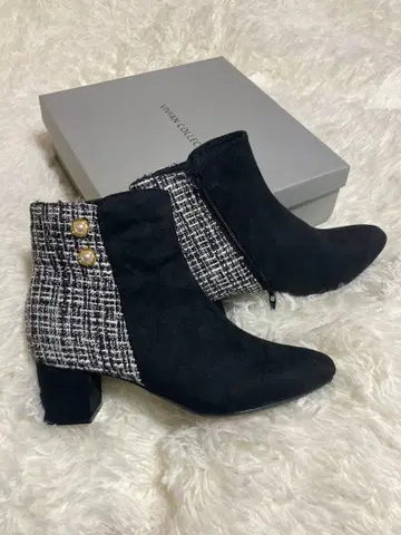 스퀘어토 펄 장식 바이컬러 숏부츠