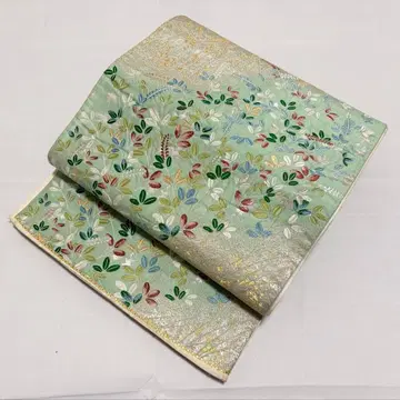 A 리프 무늬 금은사 그린 순수 실크 육통 후쿠로 오비 포멀 O63