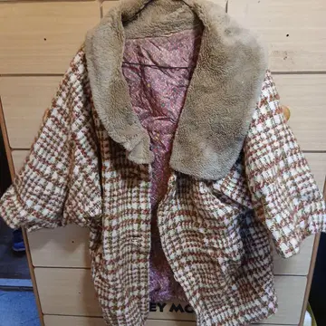 브라운 계열 체크 플리스 옷깃 롱 코트