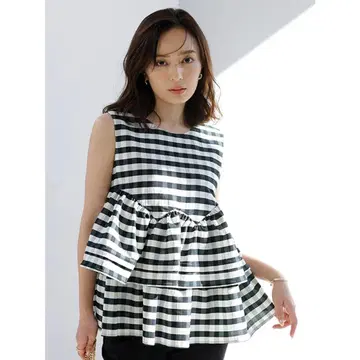 anuans 격자 무늬 더블 프릴 블라우스