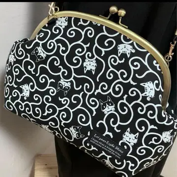 하나뿐인 핸드메이드 가마구치 숄더백 당초 무늬 고양이 블랙