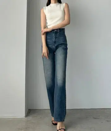 Louere 하이웨스트 스트레이트 데님 라이트 블루