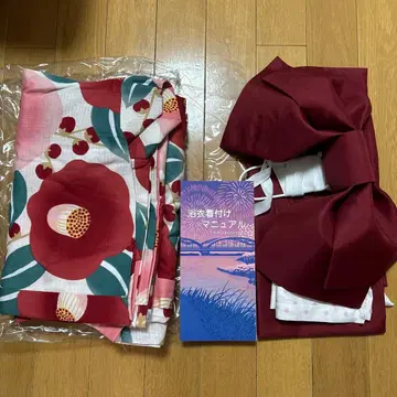 빨간색 꽃무늬 유카타 와인 레드 오비 세트