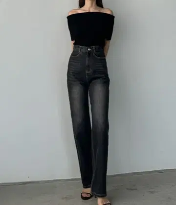 Louere 하이웨스트 스트레이트 데님 블랙