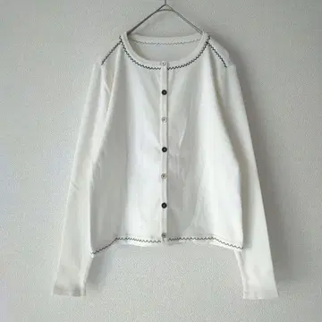 긴팔 상의 가디건 자수 디자인 크루넥 일본제 화이트 40
