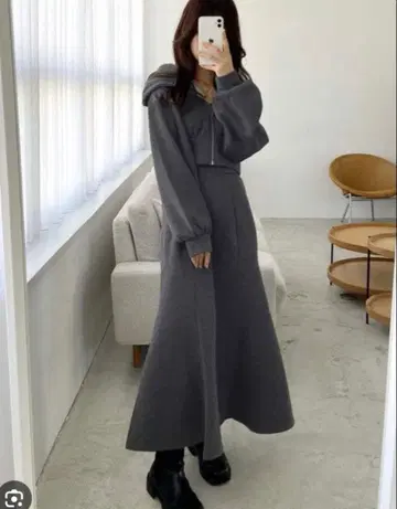 [ GRL ] 숏 기장 후드티 x 머메이드 스커트 속기모 셋업 그레이